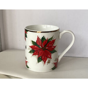 Coffee Mug Red & Green Poinsettia Christmas Seasonal Ceramic Cup By Home